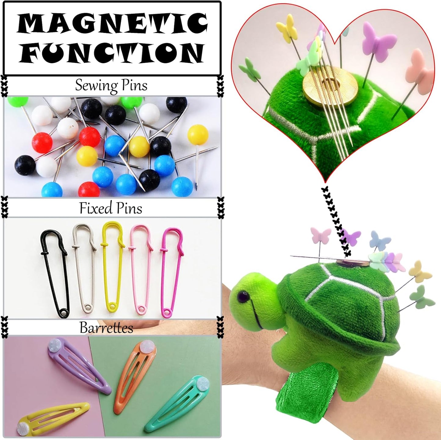 Cute Turtle Wrist Pin Cushion for Sewing with Magnetic, Snap Bracelet Wrist Bands for Pins and Needles Include 50 Lovely Butterfly Straight Pins.