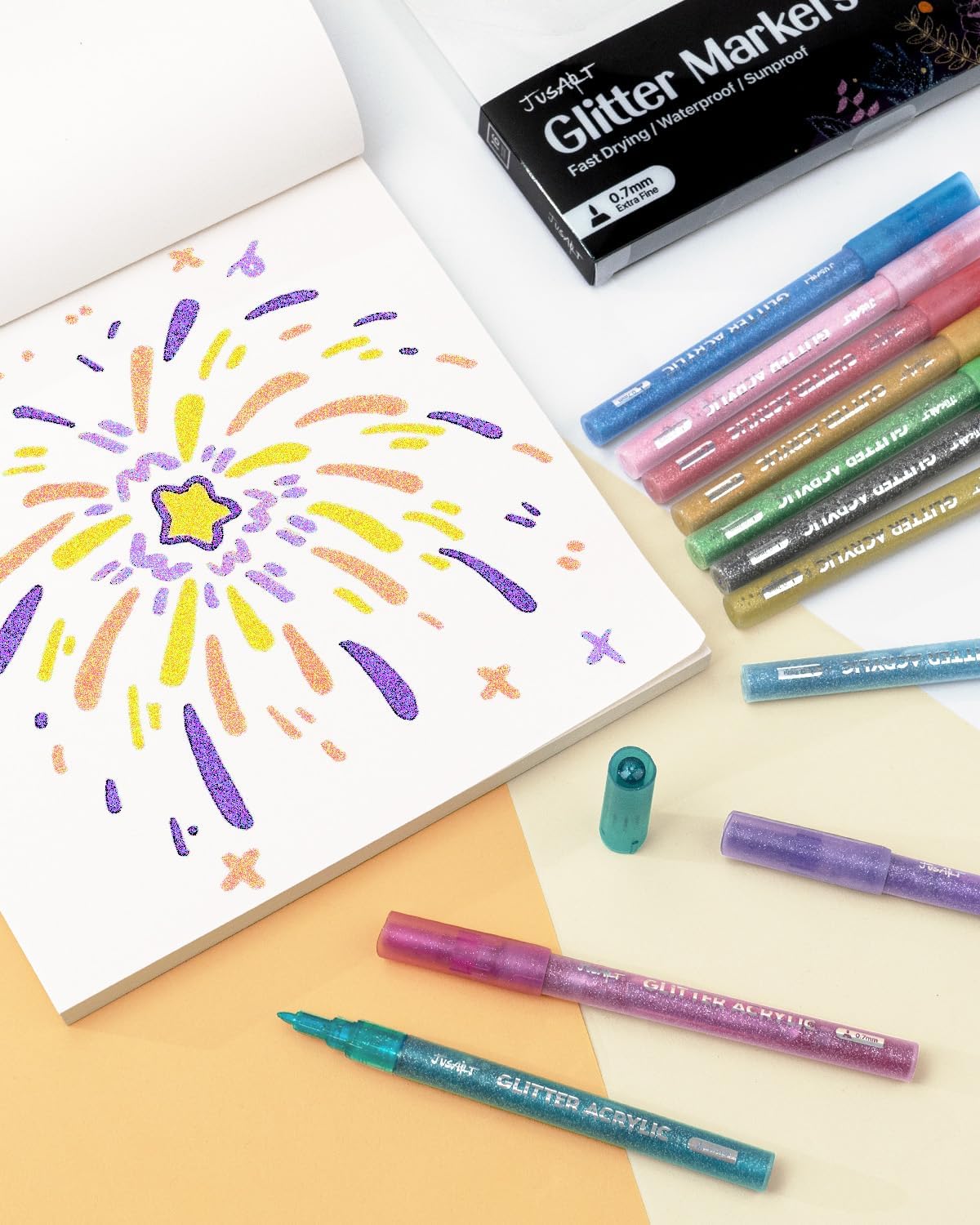 JusArt 32 Colors Glitter Markers, Glitter Paint Pens Sparkly and Shiny for DIY Card Making, Coloring, Scrapbooking, Glass, Wood, Stone, Fabric, Rock - 0.7mm Extra Fine Acrylic Paint Markers