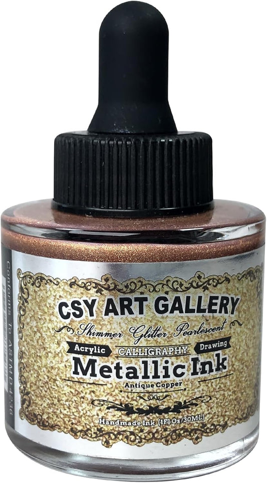 CSY Art Gallery Metallic Acrylic Inks-Calligraphy Ink-Gold Glitter Craft Paint Lightfast- Heavy Body -Non Fading -Vibrant Colors -Artist Quality Painting Supplies (Antique Copper)