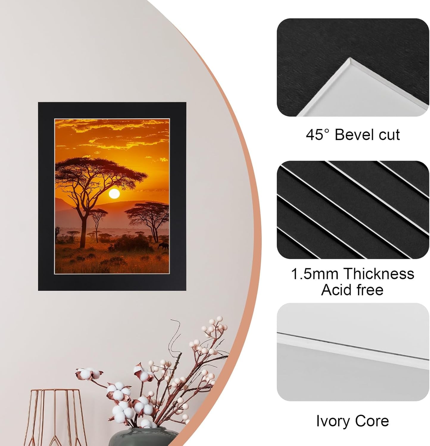 HOTUO 10 Pack Acid Free Black 11x14 Picture Frame Mats for 9x12, Pre-Cut with Ivory Core Bevel Cut, 4 Ply Thickness Photo Mat for Frames/Artwork/Prints/Pictures.