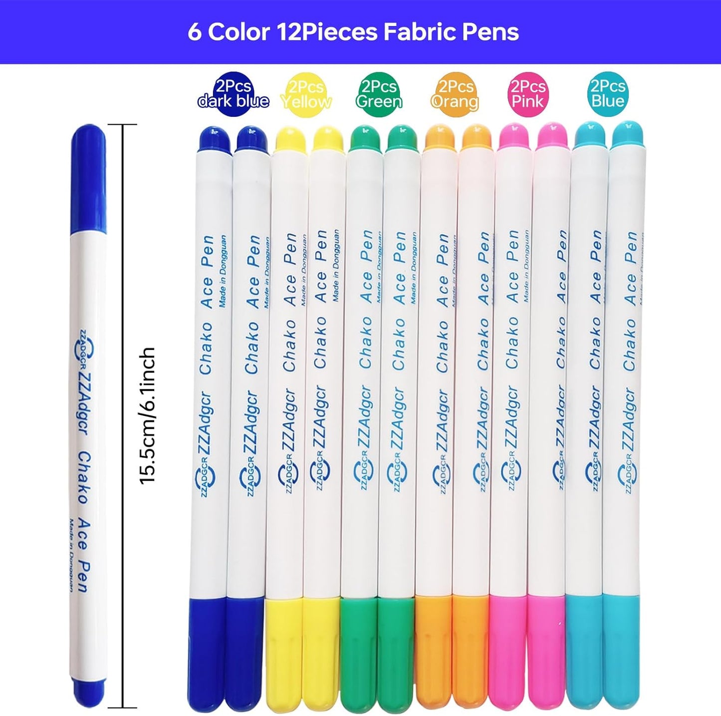Dinggaogao 12 Pieces Water-Erasable Fabric Pen Set - 6 Colors for Sewing, Embroidery & DIY Tracing Tools