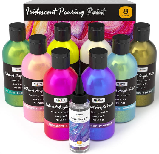 Nicpro 8 Colors Iridescent Metallic Acrylic Pour Paint Supplies Kit, 8.45oz Large Ready to Pour Premixed High Flow Pouring Paint Set with Silicone Pouring Oil, Gloves, Instructions for Beginner DIY