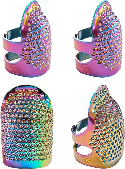 FR 4 Pack (2 Sizes, S/M) Sewing Thimble Finger Protector, Adjustable Finger Metal Shield Protector Pin Needles Sewing Quilting Craft Accessories DIY Sewing Tools Needlework Dazzle