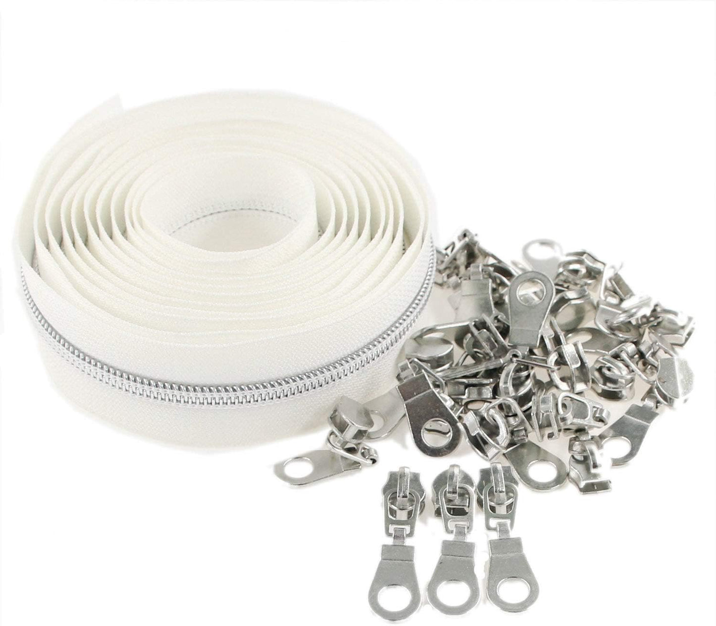 Leekayer #5 Silver Metallic Nylon Coil Zippers by The Yard Bulk 10 Yards White Tape with 25pcs Silver Sliders for DIY Sewing Tailor Craft Bag(White)