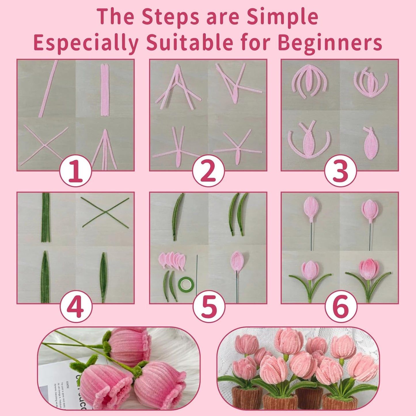 600 Pcs Pink Pipe Cleaners Craft for Flowers,Multiple Assorted Colors Pipe Cleaners Bulk, Chenille Stems for DlY Flower Making Kit.Pink Pipe Cleaners Craft Set(Pink)