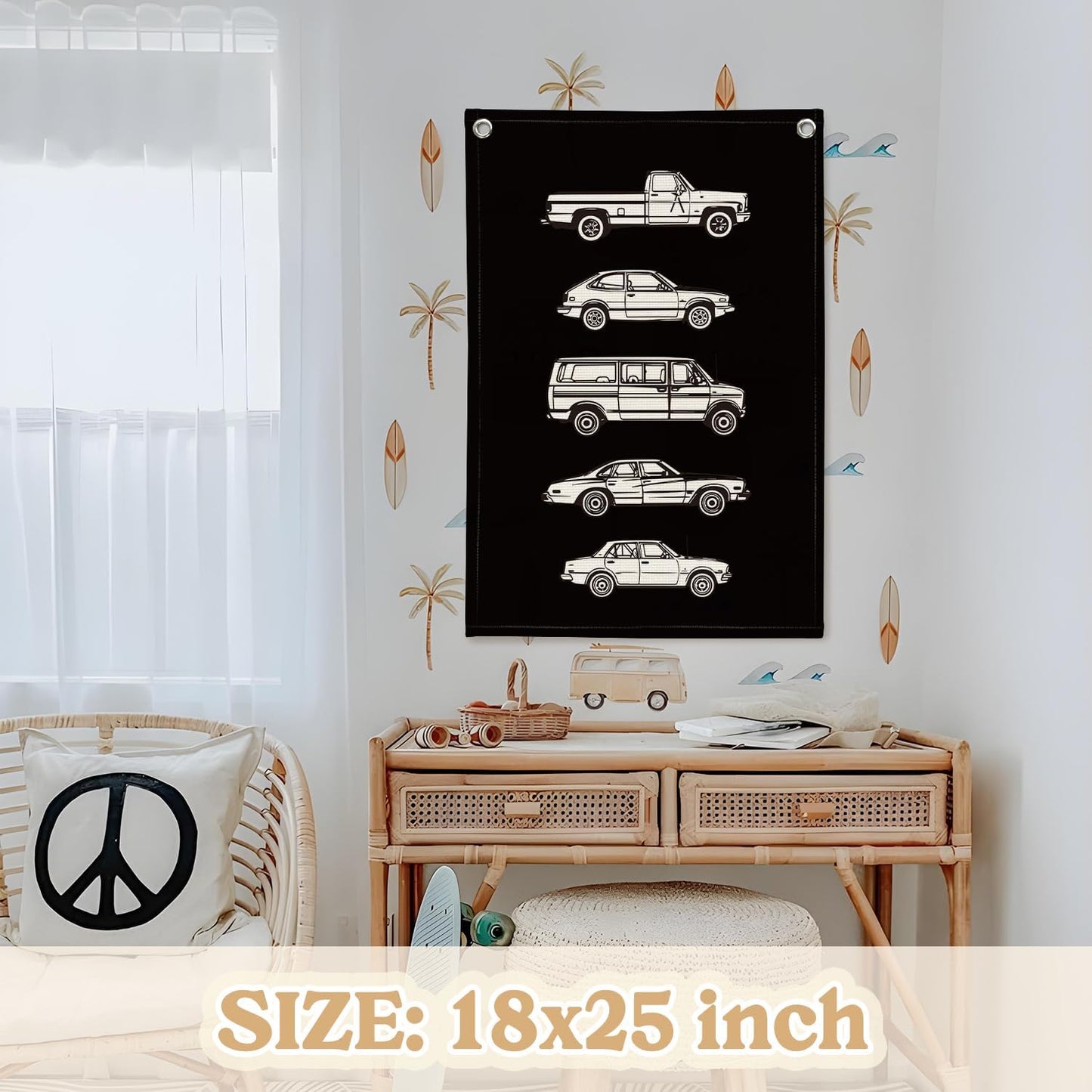 Toddler Room Decor,Vintage Car Linen Canvas Banner,Little Boy Room Wall Hanging Flag Banner for Little Boy Bedroom,Playroom Nursery 18x25 Inch(Black)