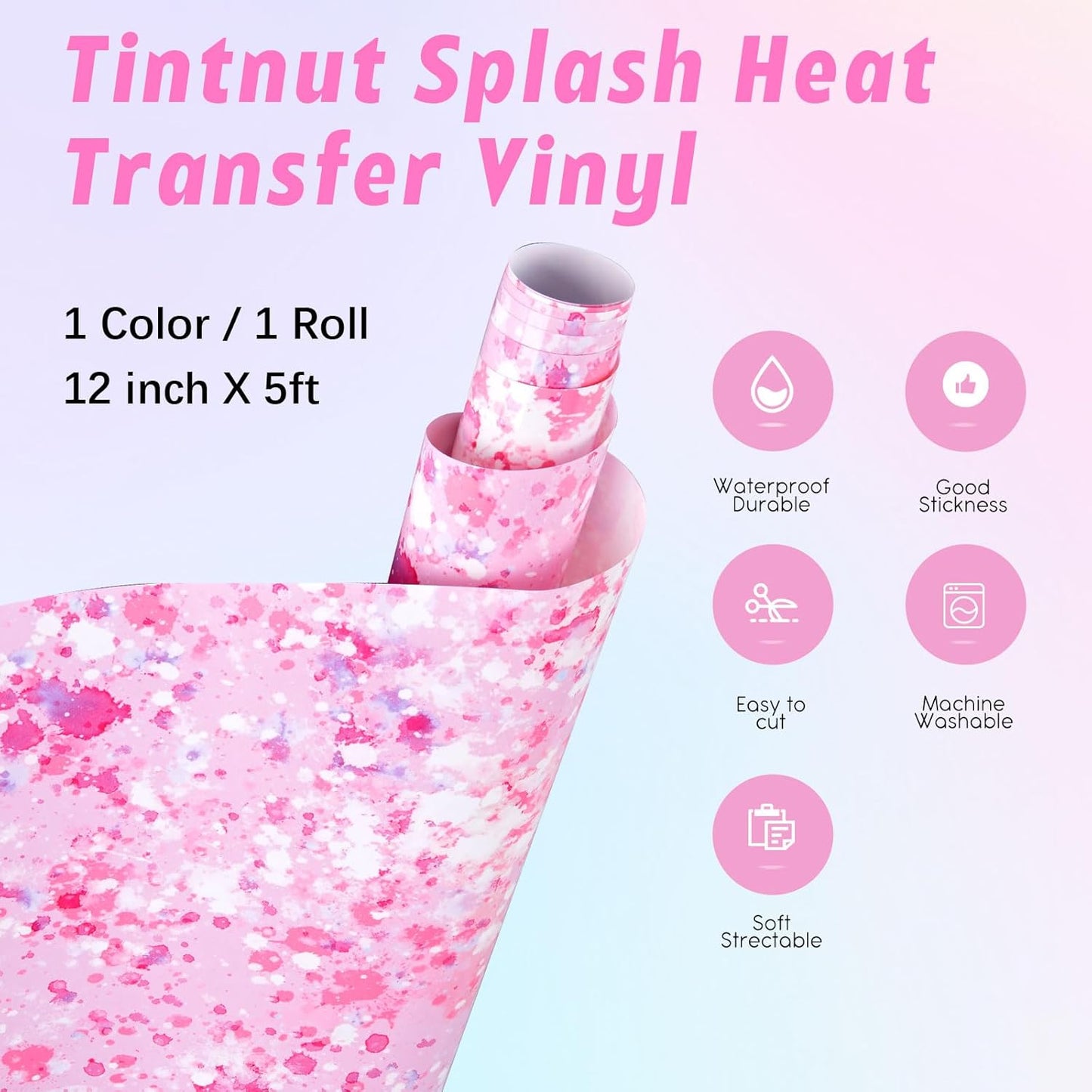 Tintnut Splash Heat Transfer Vinyl Roll - 12 Inch x 5ft Pink and White Watercolor Ink Patterned HTV Splatter Iron On Vinyl DIY T-Shirts Hats Clothes Canvas Bags for Cricut or Silhouette Cameo
