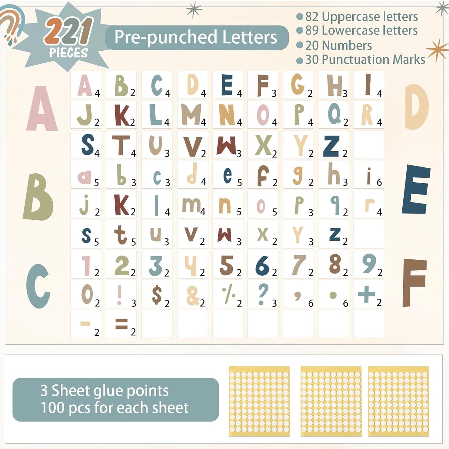 221 Pcs Classroom Bulletin Board Letters Colorful Alphabet Cutouts Number and Punctuation Symbol Combo Letter Cutouts for Spring Summer Wall Chalkboard Poster Board Decor(Advanced Boho)