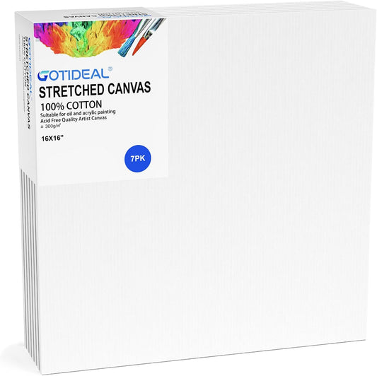 GOTIDEAL Stretched Canvases for Painting, 16x16 Inch Set of 7, Primed White - 100% Cotton Blank Art Square Canvas Boards for Painting for Acrylic Pouring, Oil Paint Dry & Wet Art Media