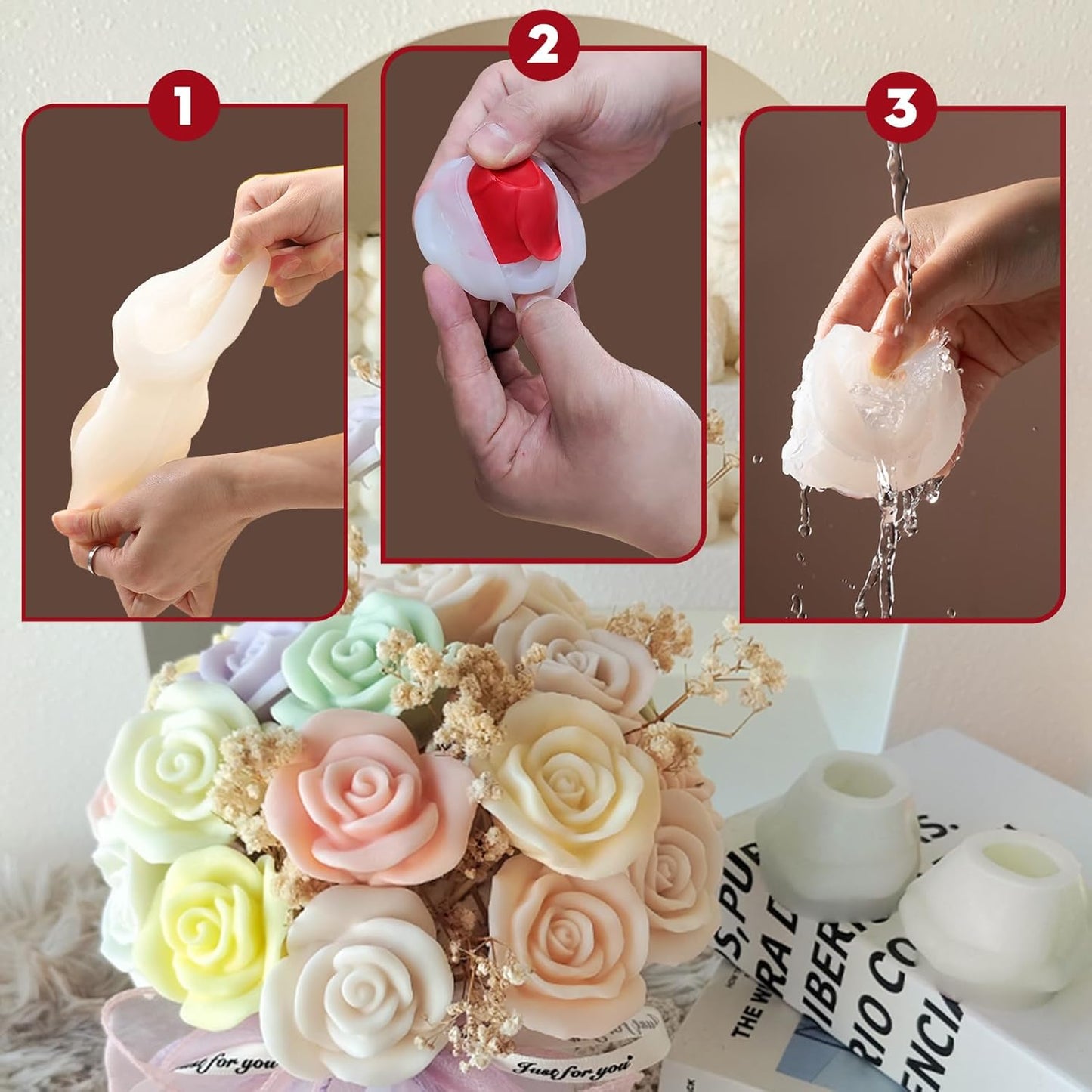 JDH 3 PCS Rose Flower Molds Flower Silicone Candle Mold Candle molds for Candle Making for DIY Scented Candle, Soy Wax, Cake, Soap, Resin Casting Craft Making