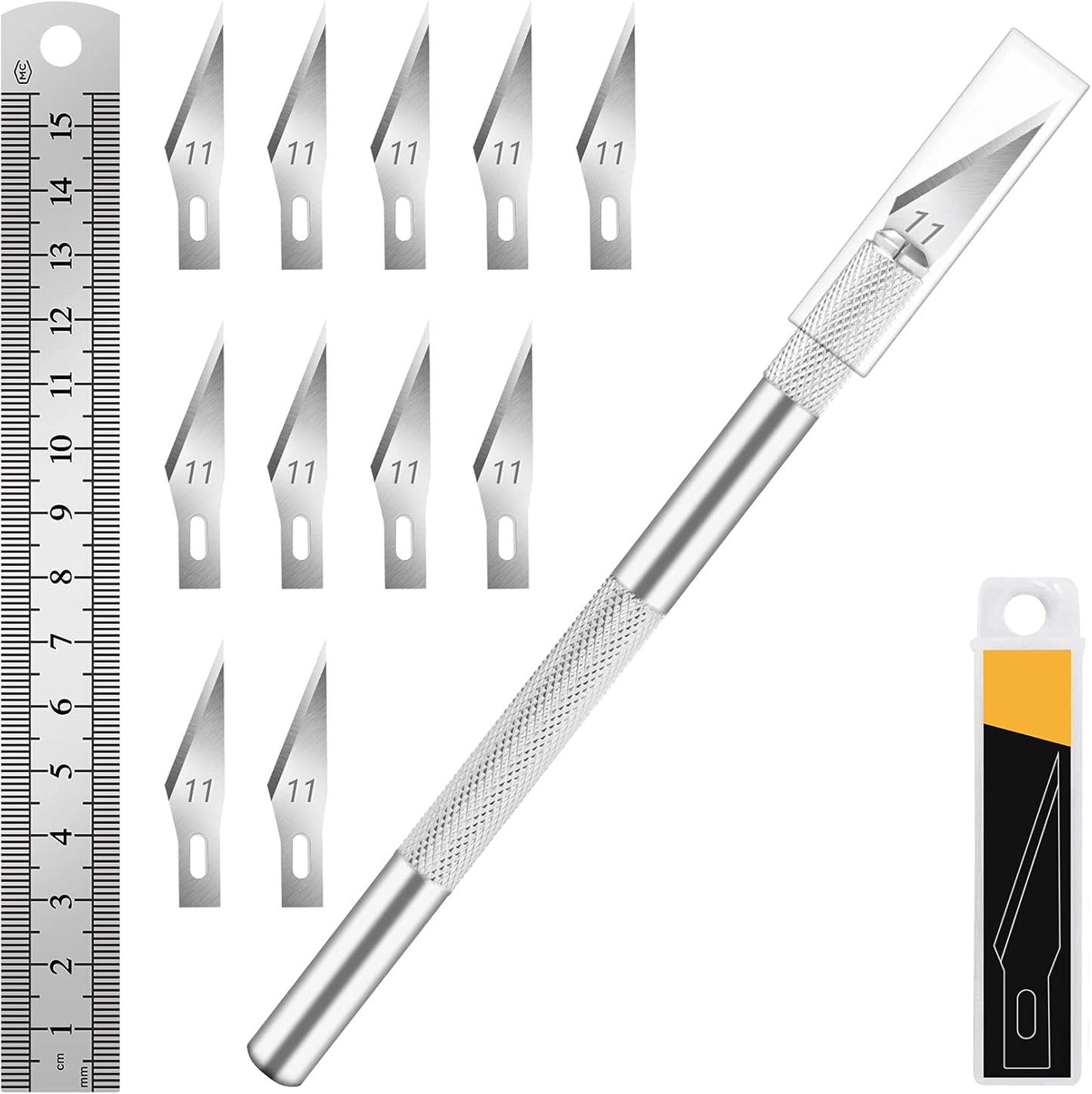 1 Pcs Craft Knife Hobby Knife with 11 Pcs Stainless Steel Blades Kit, 1pcs Steel 15MM Ruler for Art, Scrapbooking,Stencil