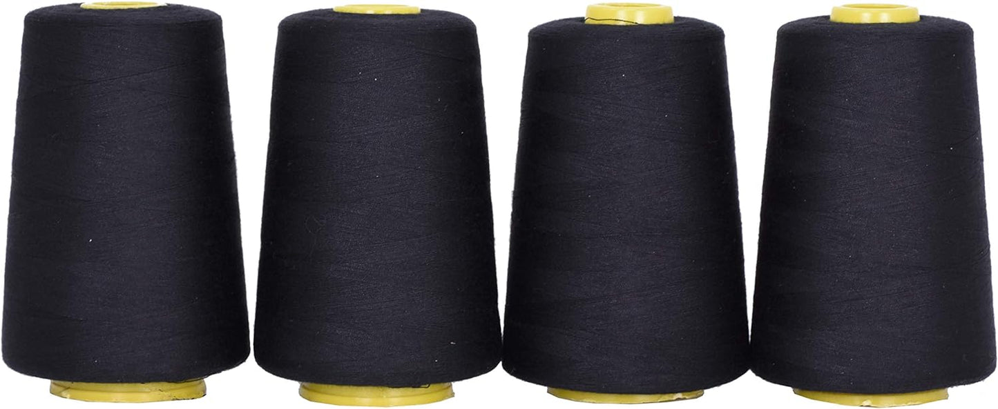 Mandala Crafts 4 Pack of Serger Threads Cones Spools - 40S/2 24000 Yards Polyester Black Threads for Sergers Machine and Overlock Quilting Sewing Machine