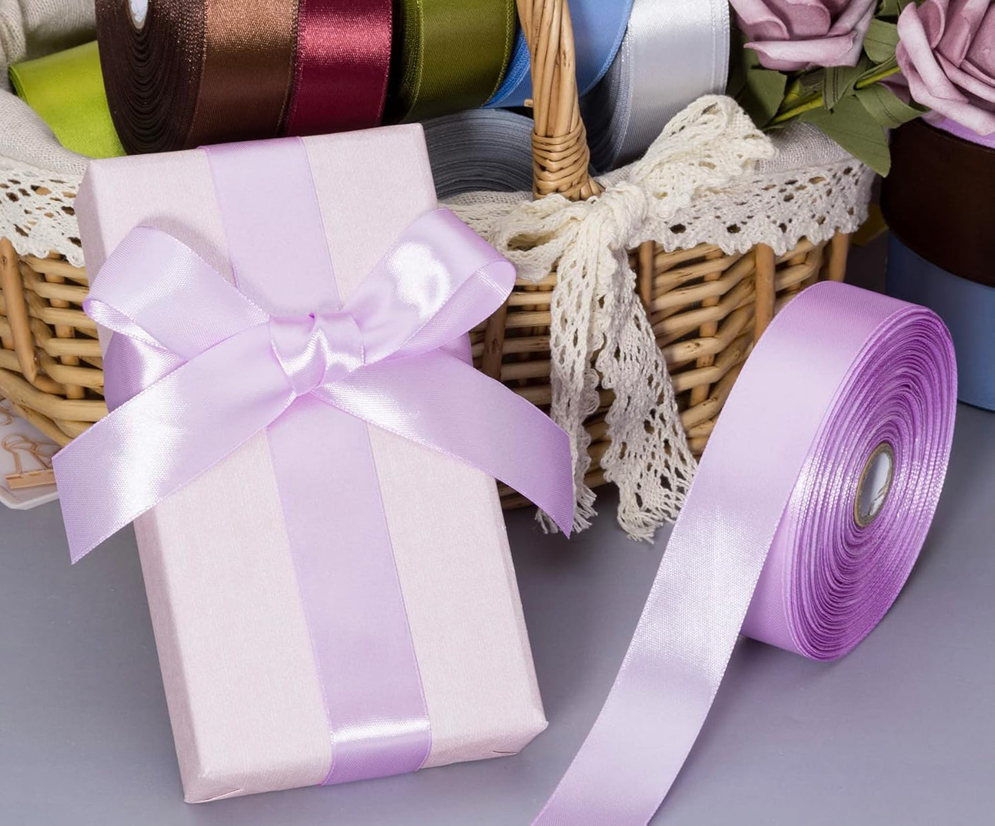 1 Inch Lilac Solid Satin Ribbon, 50 Yards Craft Fabric Ribbon for Gift Wrapping Floral Bouquets Wedding Party Decoration