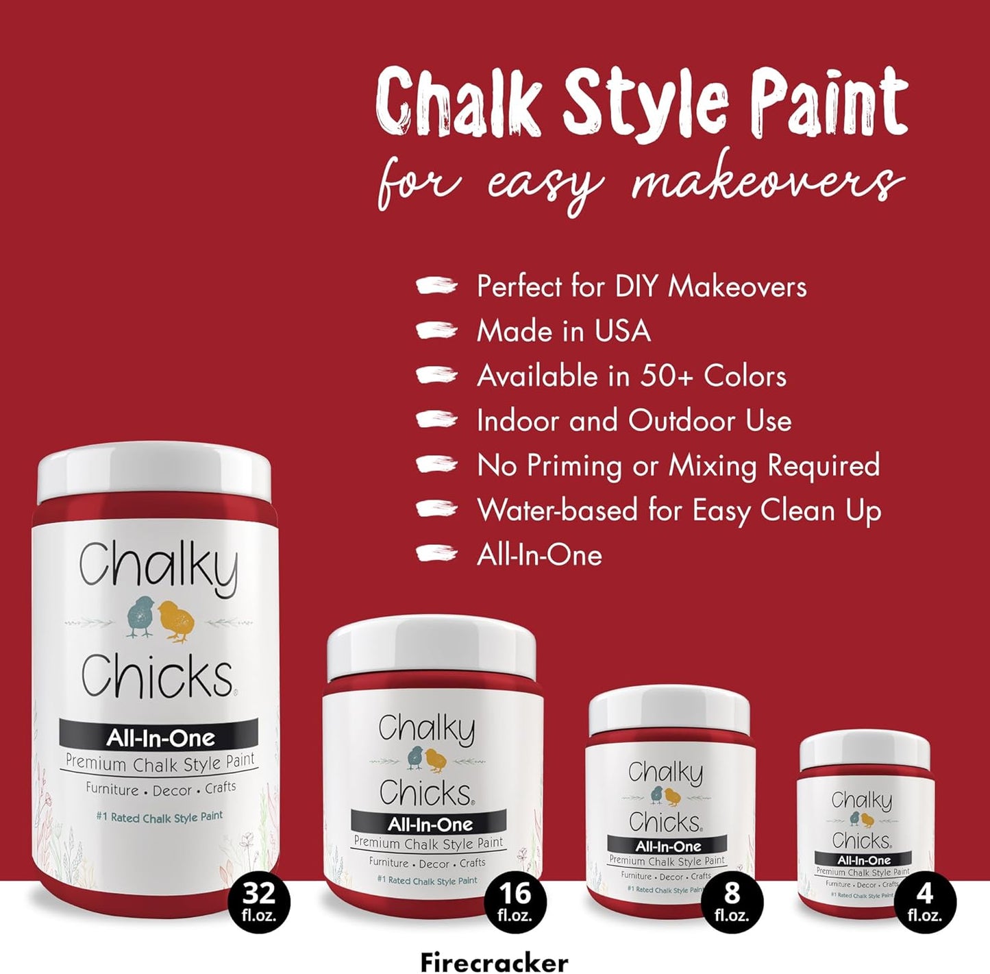 Chalky Chicks All-in-One Chalk Paint for Furniture or Cabinet - 4 Fl Oz - Matte Finish Firecracker (Red) for Metal, Wood Furniture Paint - No Sanding All-in-One for Home Decor & Crafts, USA Made