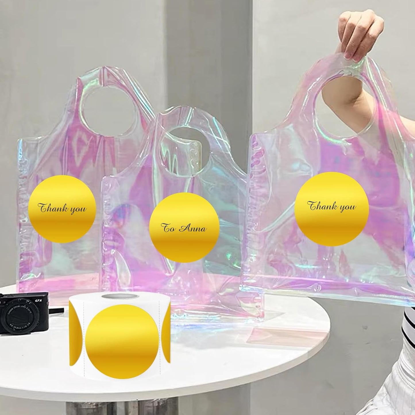 3" Holographic Direct Thermal Label Stickers, Round Printable Rainbow Glitter Thermal Printer Sticker Labels for Gift Wrapping, Self-Adhesive DIY Custom Logo Design- Holographic Gold