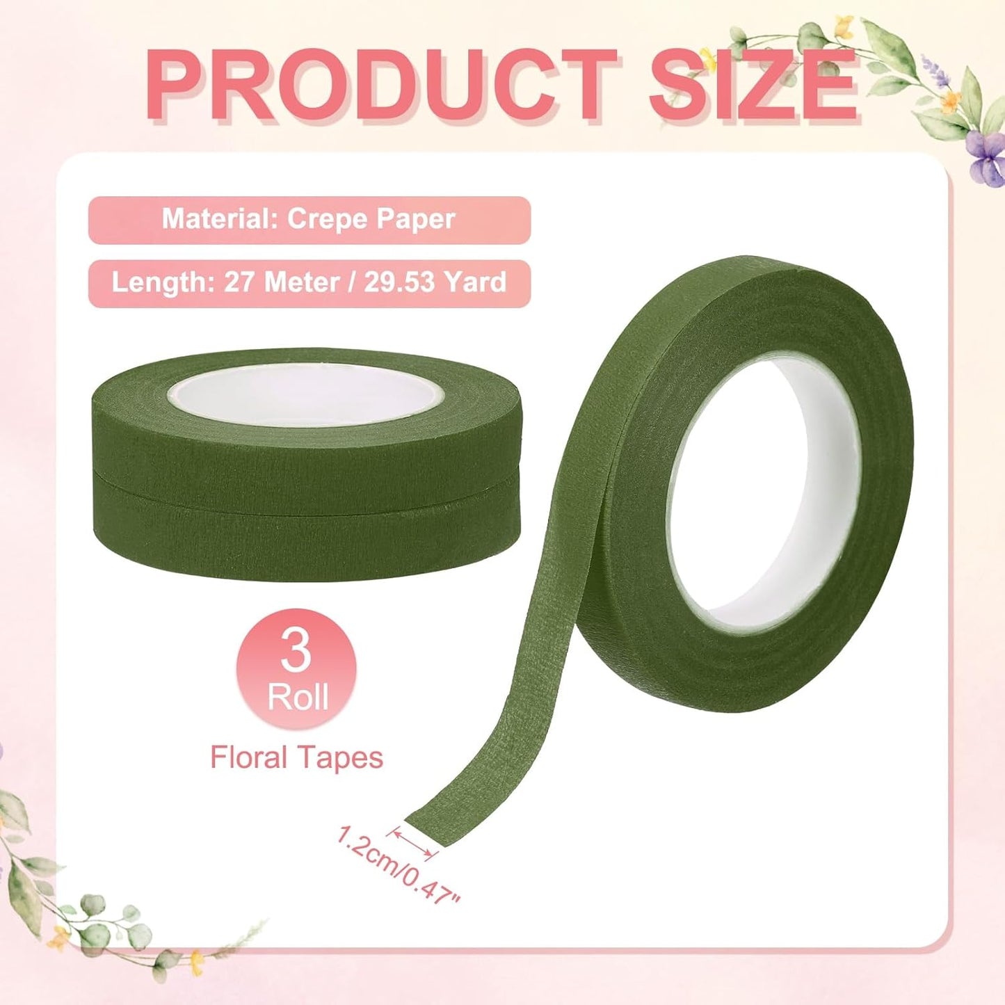 MECCANIXITY 3 Rolls Floral Tapes, 30 Yard x 1/16 in Florist Crepe Flowers Bouquets Tape Adhesive Waterproof for Flower Arranging Wrapping, Grass Green