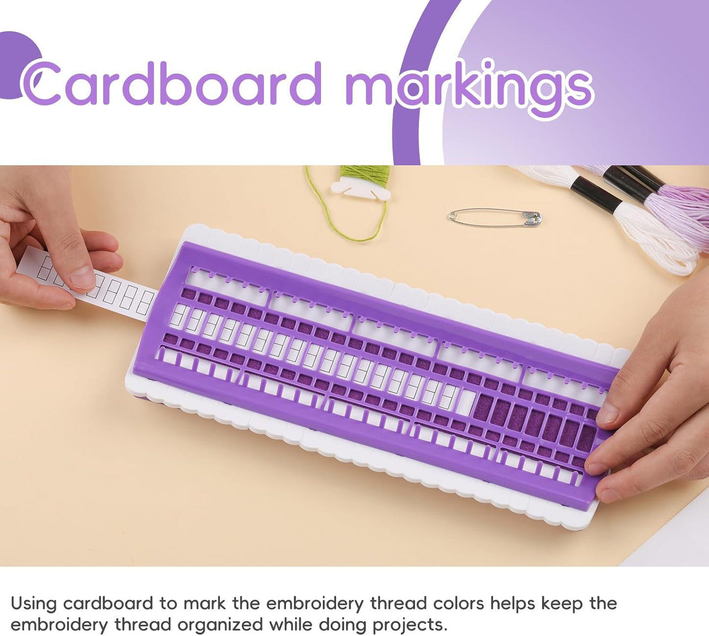 Lokunn Floss Organizer Embroidery, 50 Positions, Thread Organizers for Sewing and Cross Stitch Embroidery Thread, Plastic & Non-Woven Fabric, Purple, Comes with 15 Sticky Notes