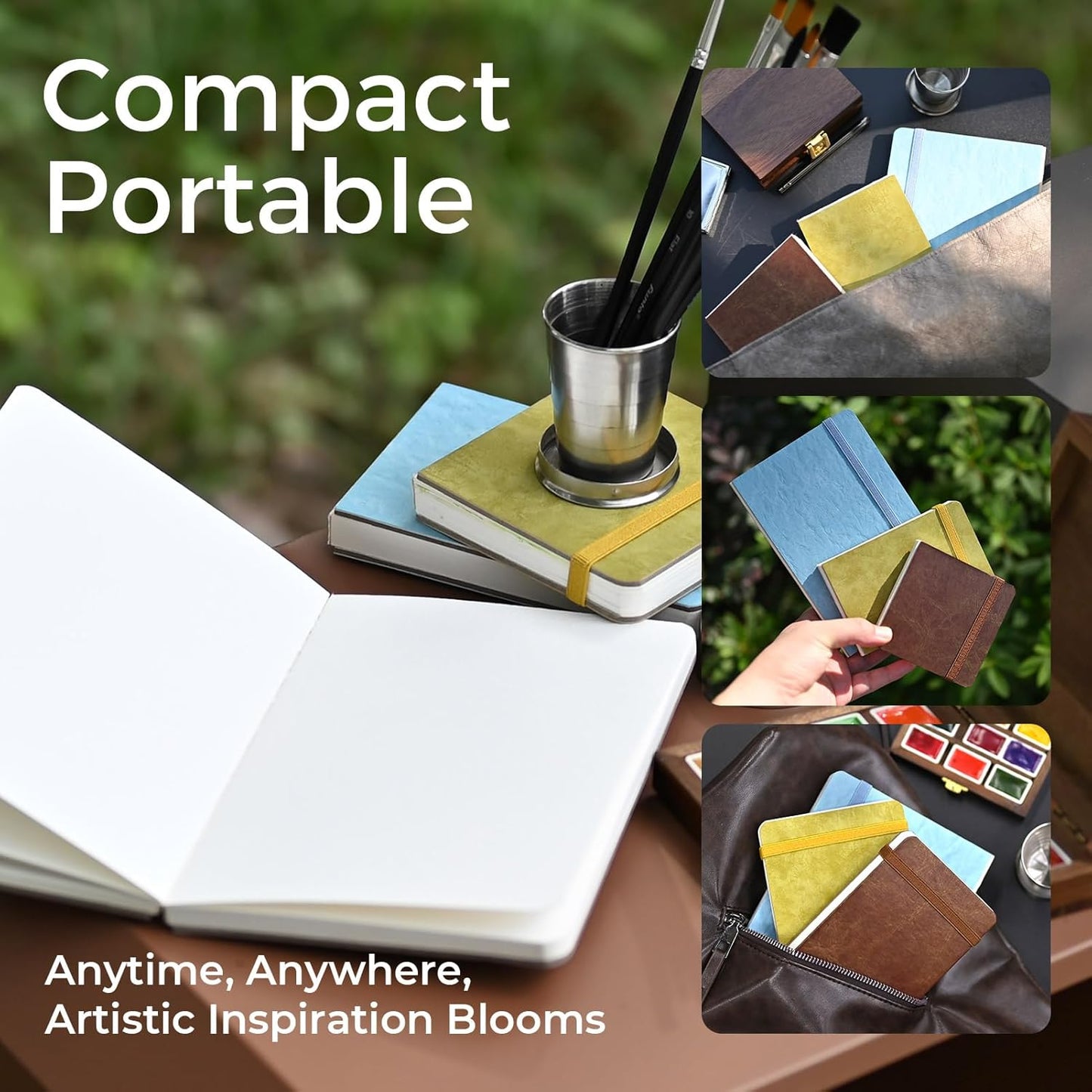 Funto Watercolor Journal, 7.5x5, 2 Packs, 44 Pages Each, Cold-Pressed 100% Cotton, Pearlescent PU Leather Blue Cover, Art Supplies for Mixed Media