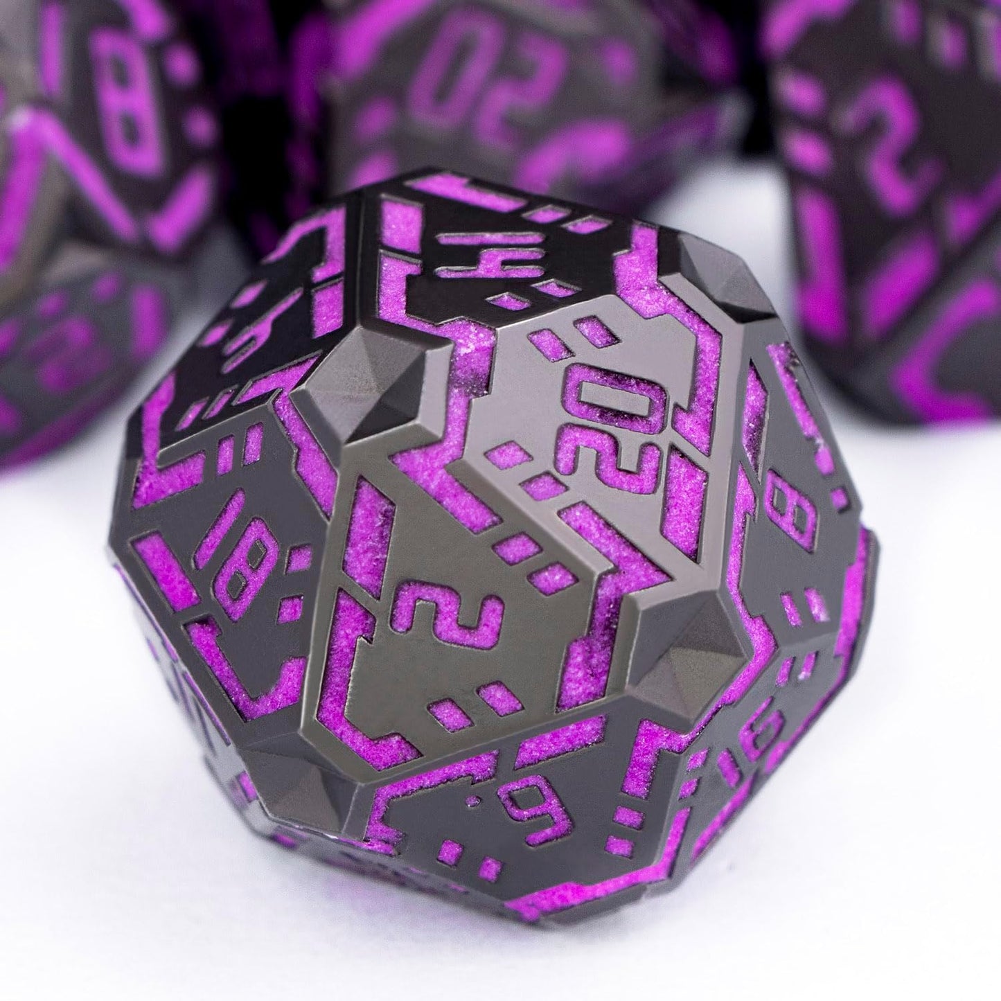 Metal DND Sci-fi Dice Set 7PCS Luminous Purple Stripe Polyhedral Dice for Dungeons Dragons RPG Role Playing Game, Glitter D and D Dice with Gift Box D6 D8 D10 D12 D20