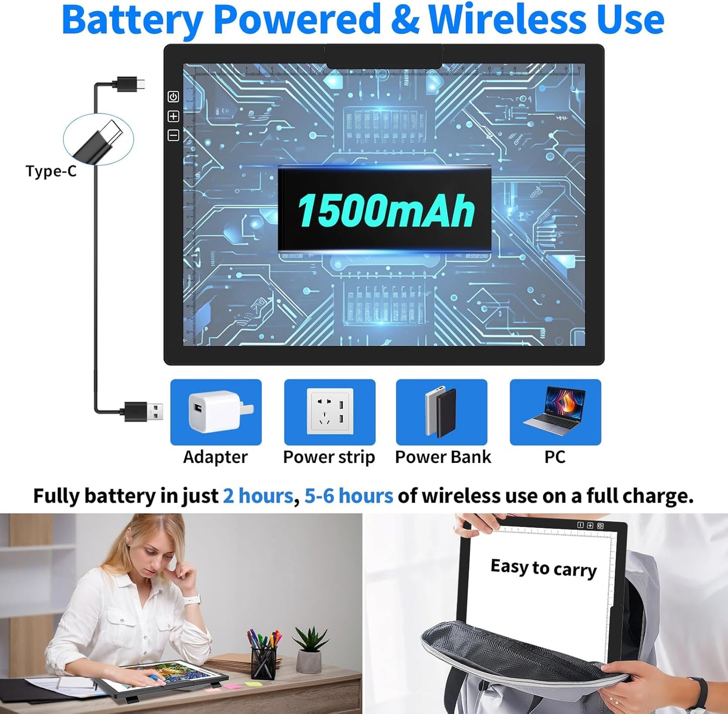 HIUKCOLED Rechargeable A4 Light Pad, Battery Powered Light Board with Carry Bag, Built-in Top Clip＆Stand, Stepless Dimmable＆6-Level Brightness Adjustable, Wireless LED Tracing Box for Weeing Vinyl