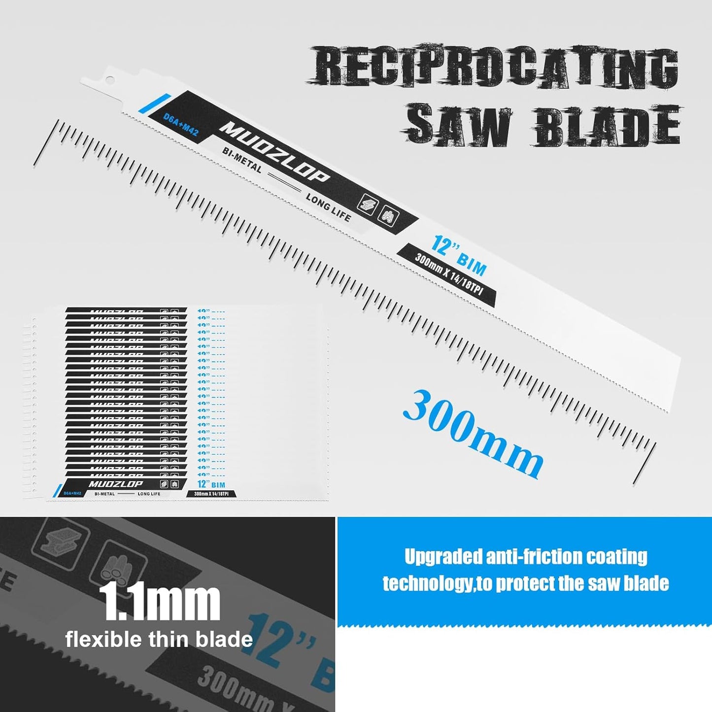 25 Pack 12 inch Reciprocating Saw Blades Set,14/18 TPI High Carbon Saw Blades, Metal Saw Blades with Organizer Case (25, 14/18TPI/300mm)