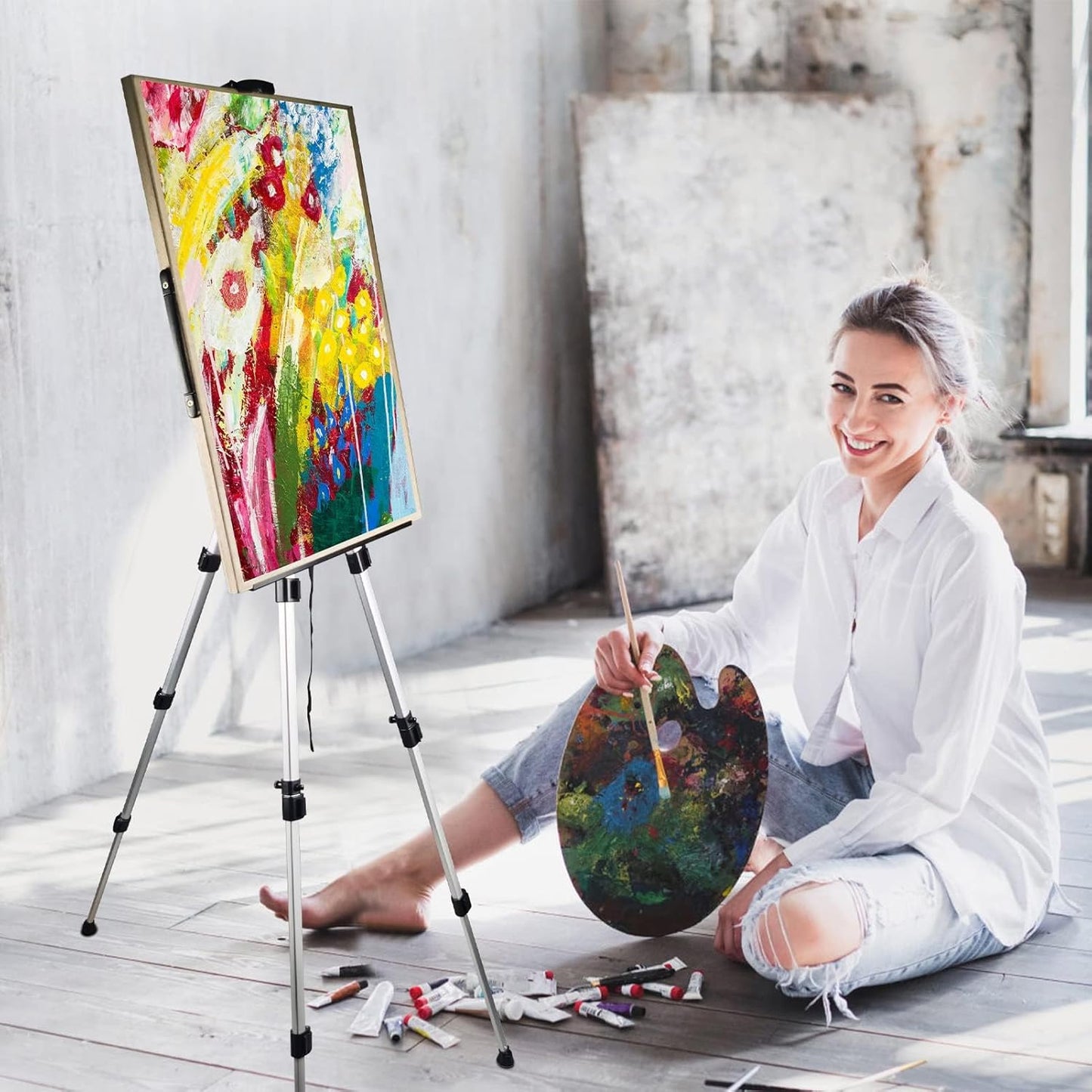 Art Artist Easel Stand for Painting,Portable Adjustable Easels for Painting Canvases Height from 17 to 66 Inch - Carry Bag for Table-Top/Floor Displaying and Wedding Sign,White