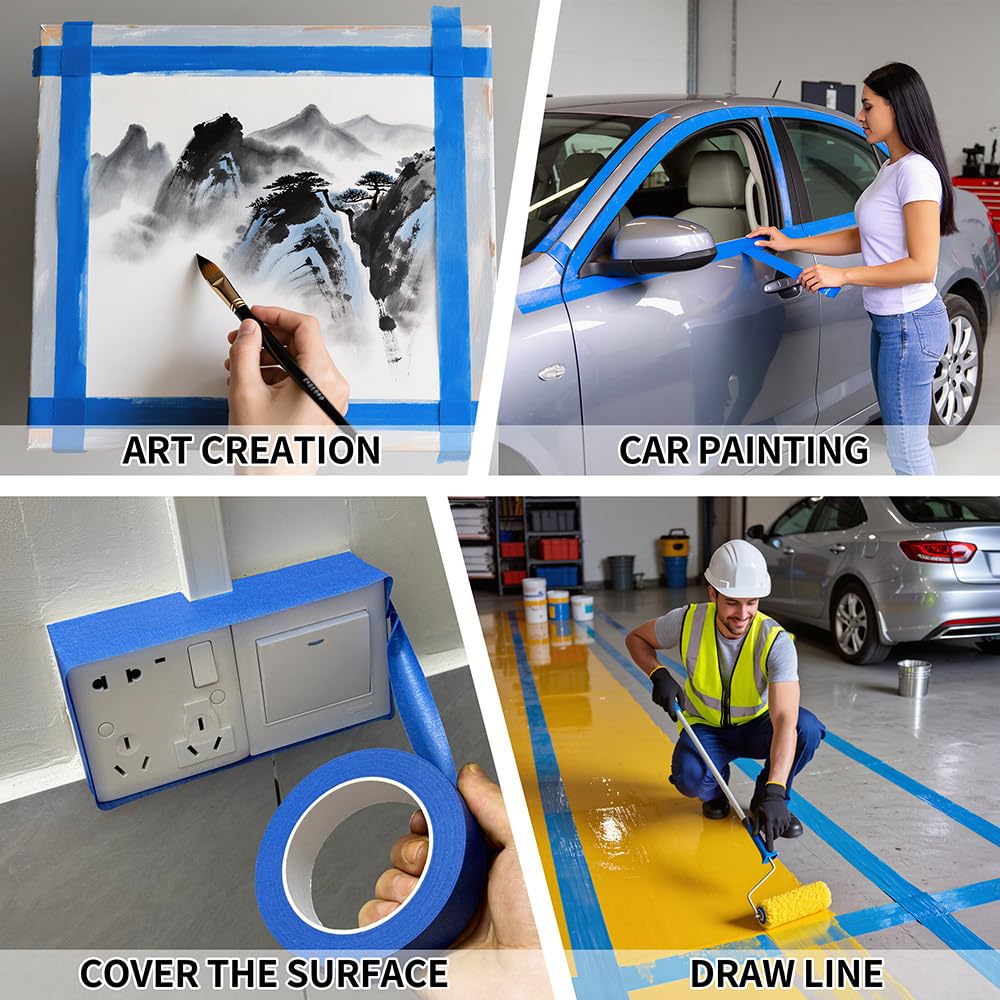 Blue Painters Tape 4 Rolls: Masking Tape 1 Inch Wide x 55 Yards - Painter's Tape Blue Masking Tape for Walls Painting Packing, Wood, Floors, DIY, Total 220 Yards