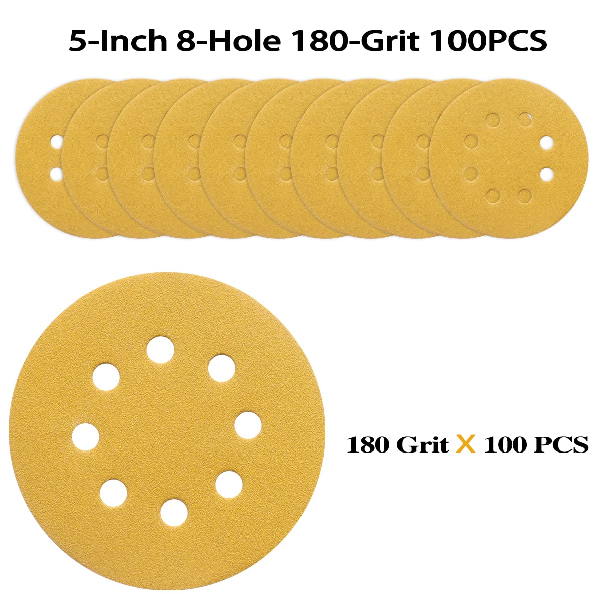 100PCS 5 Inch 8 Hole Sanding Discs 180 Grit,Gold Round Hook and Loop Sandpaper for Random Orbital Sander
