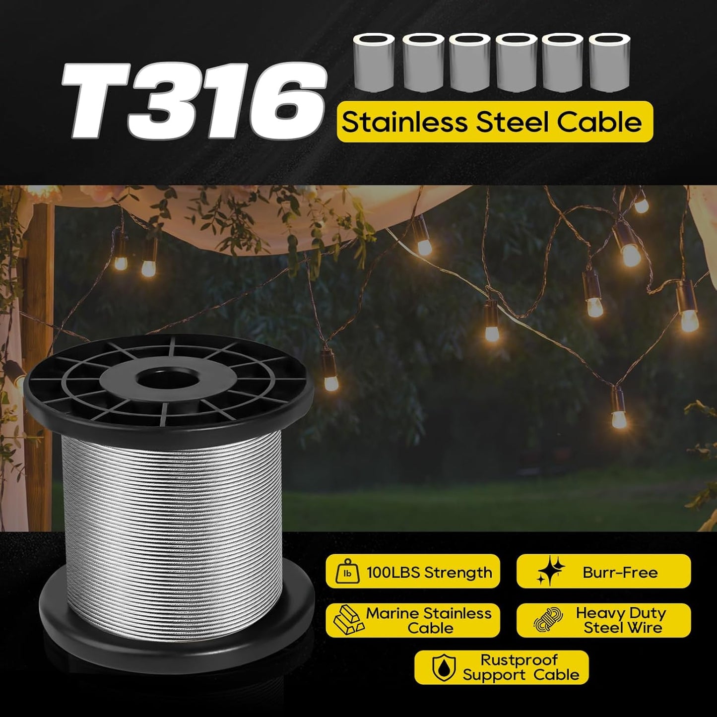 316 Stainless Steel Cable, 600FT 1/32IN Wire Rope 7 * 7 Strand with 150Pcs Aluminum Sleeves Stops, Guide Wire for Outdoor String Lights for String Lights Hanging, Clotheslines, Trellis (600FT)