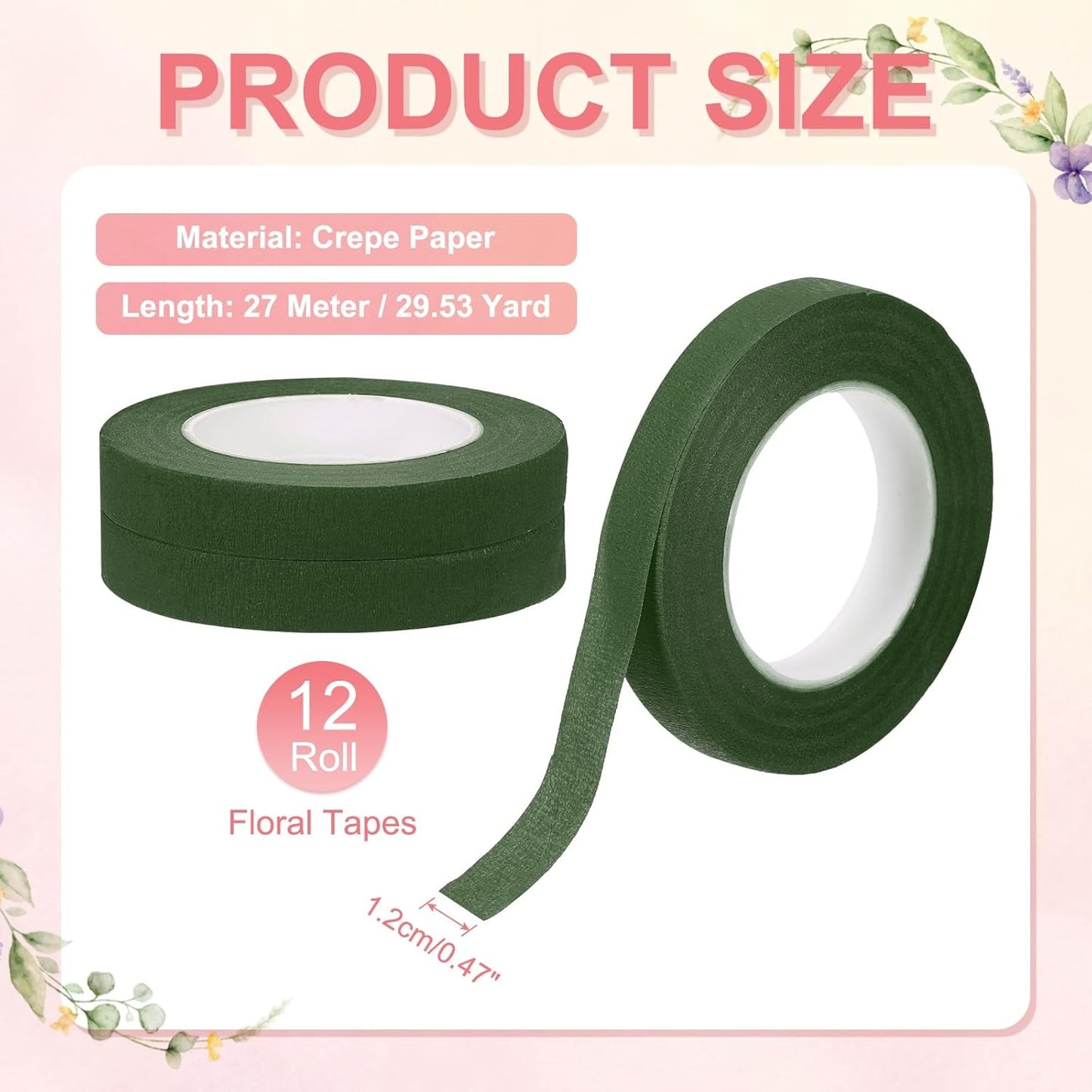 MECCANIXITY 12 Rolls Floral Tapes, 30 Yard x 1/16 in Florist Crepe Flowers Bouquets Tape Adhesive Waterproof for Flower Arranging Wrapping, Olive Green