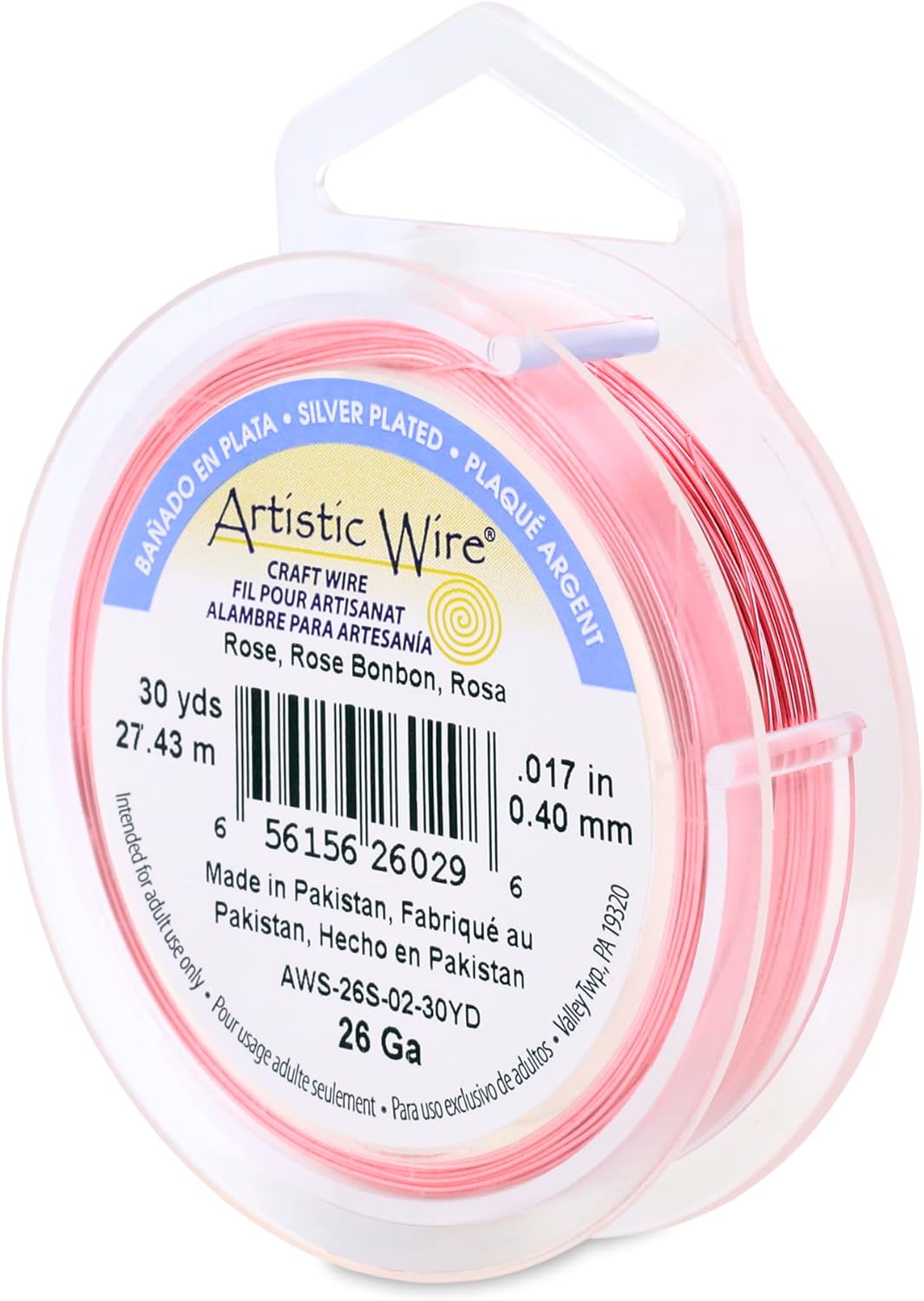 Artistic Wire, 26 Gauge Silver Plated Tarnish Resistant Colored Copper Craft Wire, Rose, 30 yd