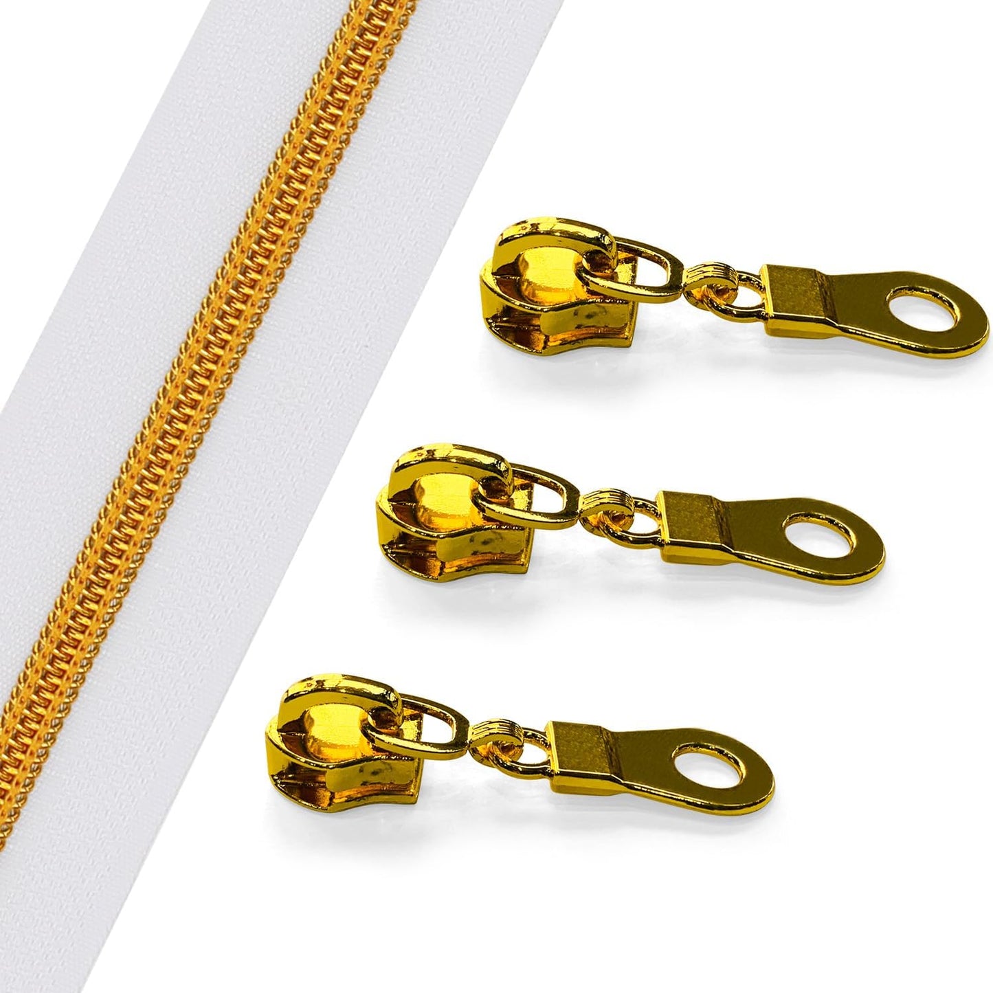 Sawoake 10 Yards Bulk Zipper(#5), White Nylon Coil Zipper with Gold Teeth by The Yards, Replacement Sewing Zipper with 10PCS Zipper Sliders for DIY Sewing Craft Bags(#5 Gold White)