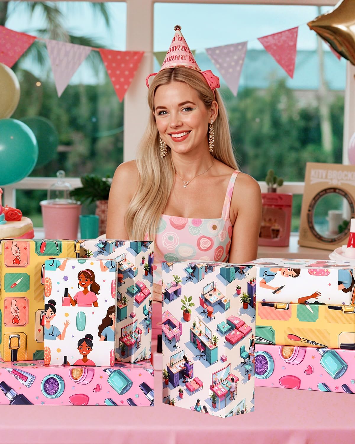 Pineraap 12 Sheets Nail Art Wrapping Paper, Manicure Gift Wrap Paper with Nails Polish Bottles & Salon Scenes, Folded Flat Paper for Nail Art Lovers Birthday DIY Crafts, 19.7 x 27.6 Inch