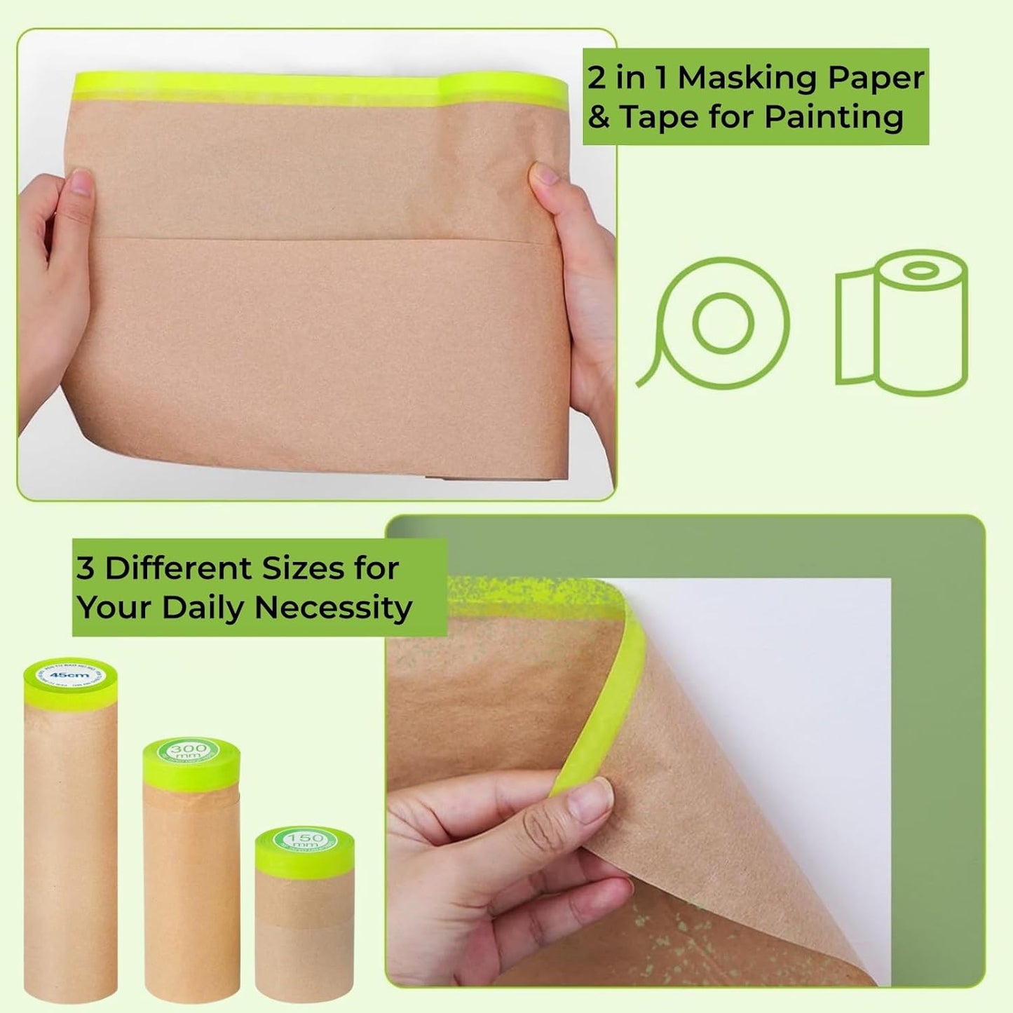 Pre-Taped Painting Masking Paper: 8 Rolls 6 Inch x 50 Feet Tape and Drape Painters Paper, Self-Adhesive Paint Protective Kraft Paper Roll