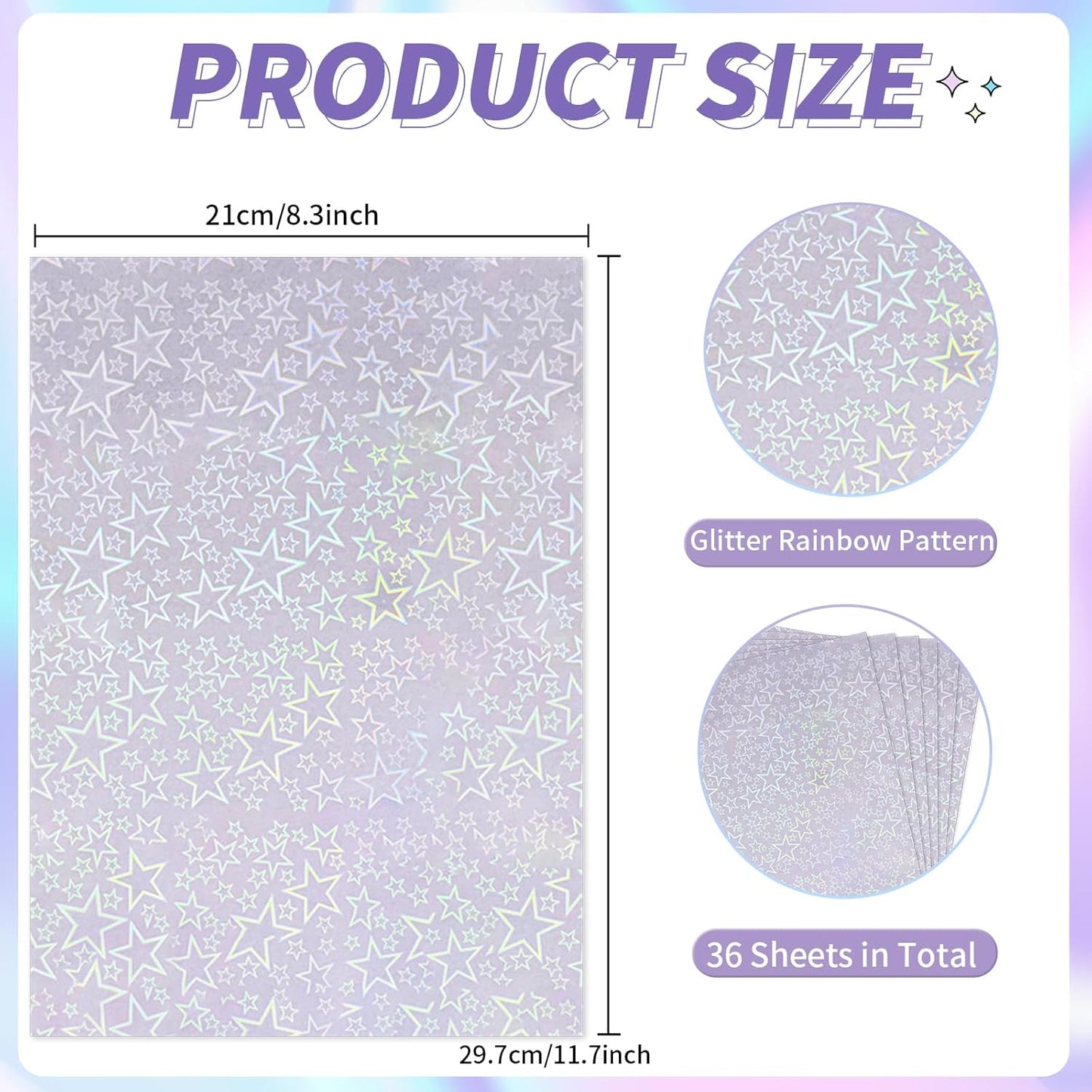 36 Sheets Holographic Sticker Paper,Holographic Laminate Sheets,A4 Size Clear Vinyl Sticker Sheets Self-Adhesive Rainbow Overlay Sheets,11.7 x 8.3 Inches（Five-Pointed Star）