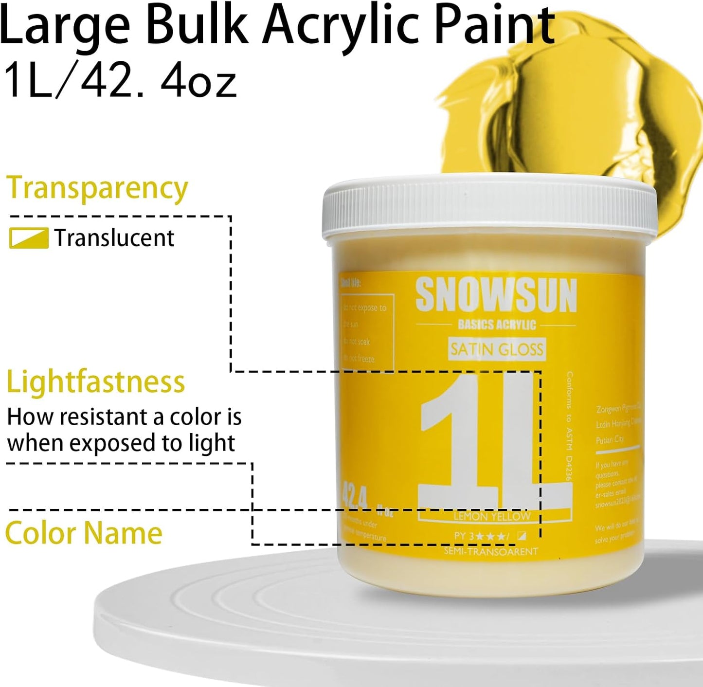 SNOWSUN Lemon Yellow Acrylic Paint, Large Bulk Heavy Body Acrylic Paint (42.4 oz, 1L) - Non Toxic Gloss Thick Art Paint for Multi-Surface, Canvas Wood Ceramic and Leather, Stone Craft, for Artists & Beginners