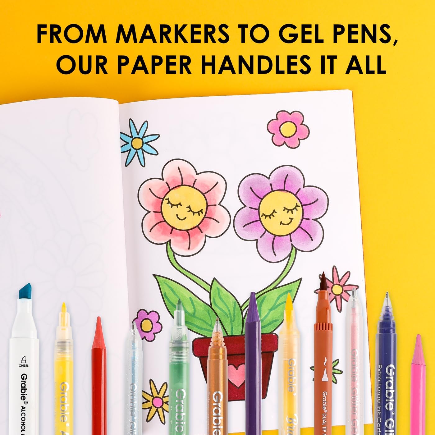 Grabie Easy Coloring Book for Adults Relaxation,Simple Mindful Coloring Pages for Alcohol Markers,Stress Relief Themes Flowers,Mushrooms,Monsters and More,Cute Designs(Feel Good with Color,30 Sheets)