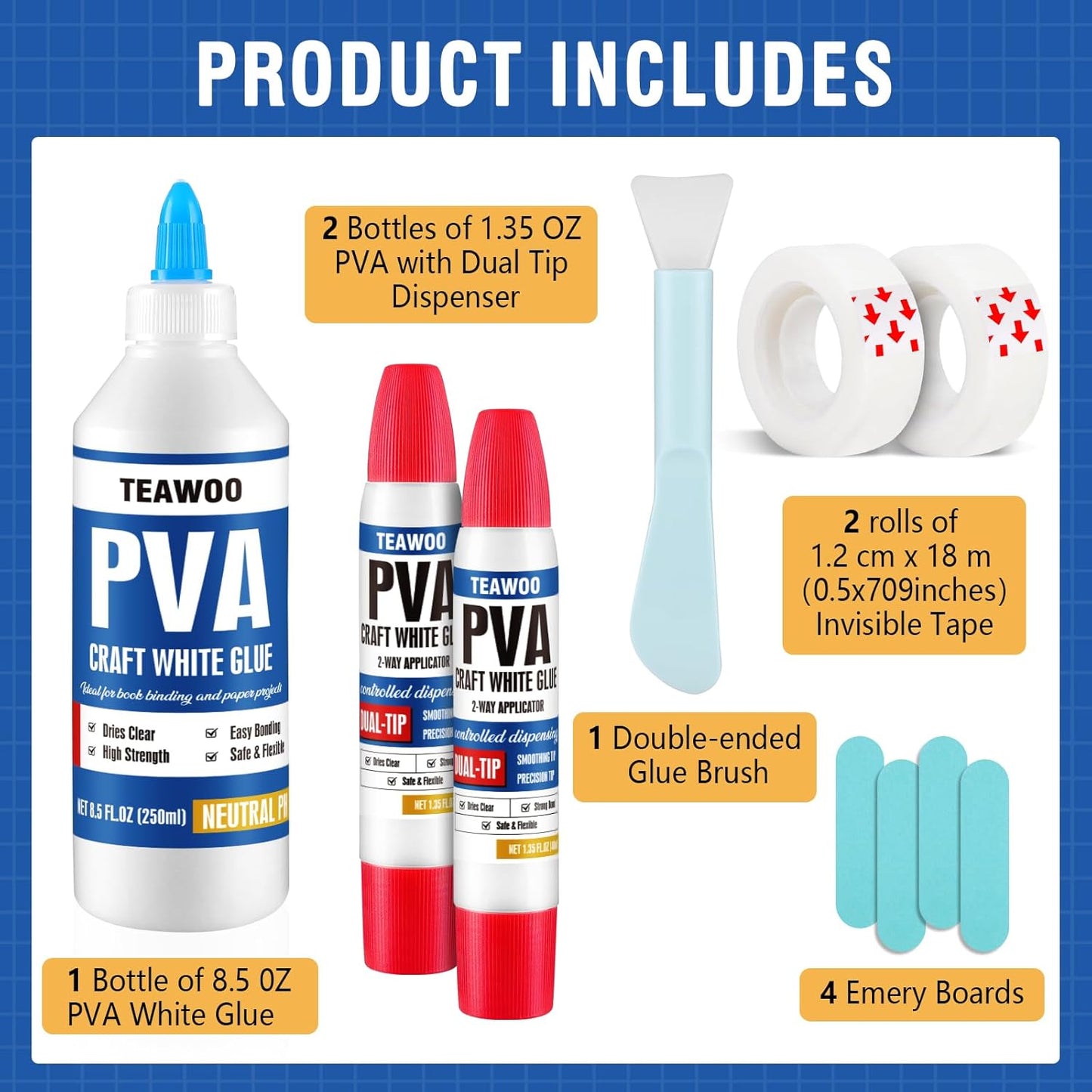 Book Repair & Binding Glue Kit – 8.5 Oz + 2×1.35 Oz Acid-Free PVA Adhesive – Neutral pH, Dries Clear & Flexible for Books, Crafts, Collages & Paper Art, Used for Bookbinding and Book Repair