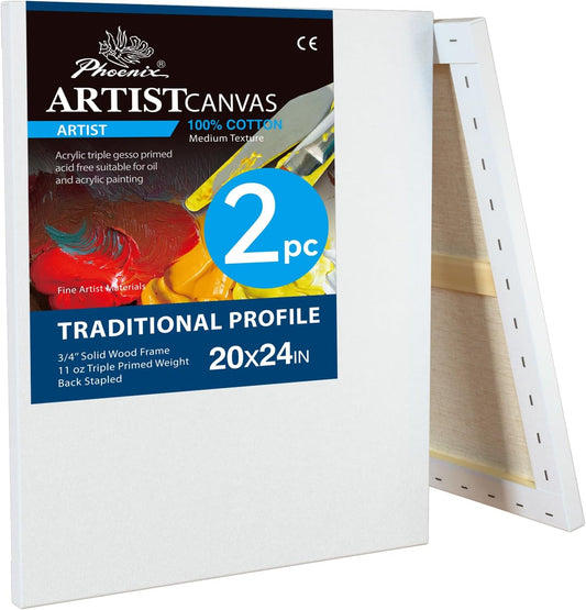 PHOENIX 20x24 Inch 2 Pack Artist Canvas - Large Stretched Canvases for Painting - 3/4 Inch Profile, 100% Cotton 11 Oz. Gesso Primed White Blank Professional Canvas Oil & Acrylic Paints