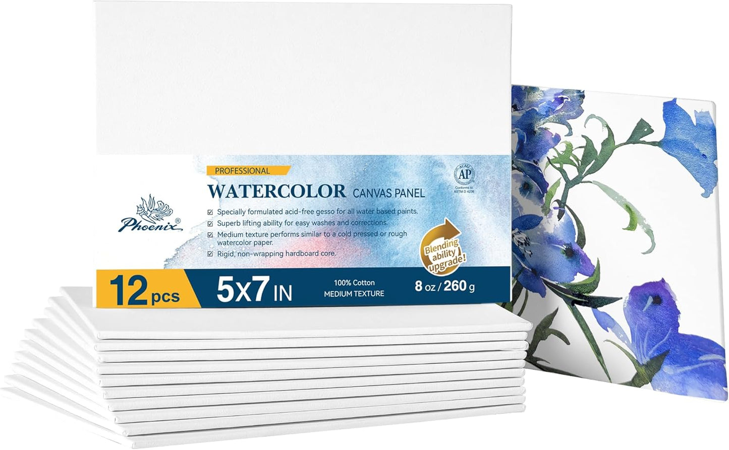 PHOENIX Watercolor Canvas Boards for Painting - 5x7 Inch/6 Pack, 100% Cotton Water Color Small Canvas Panels, 8 Oz. / 260g White Blank Medium Texture Flat Canvases for Water Based Paints