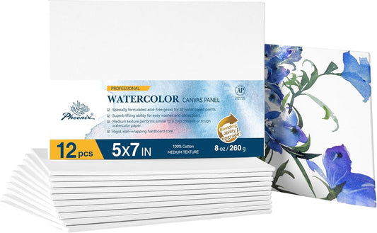 PHOENIX Watercolor Canvas Boards for Painting - 5x7 Inch/12 Pack, 100% Cotton Water Color Small Canvas Panels, 8 Oz. / 260g White Blank Medium Texture Flat Canvases for Water Based Paints