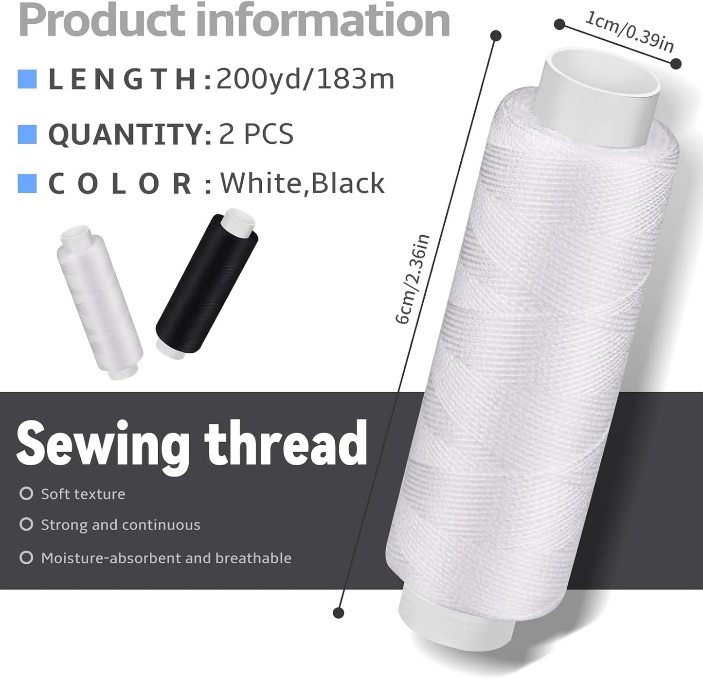 Bupete 2 Rolls White Black Thread for Sewing, 200 Yards Each Roll Sewing Thread, Polyester Threads for Sewing Machine Embroidery Hand Stitching