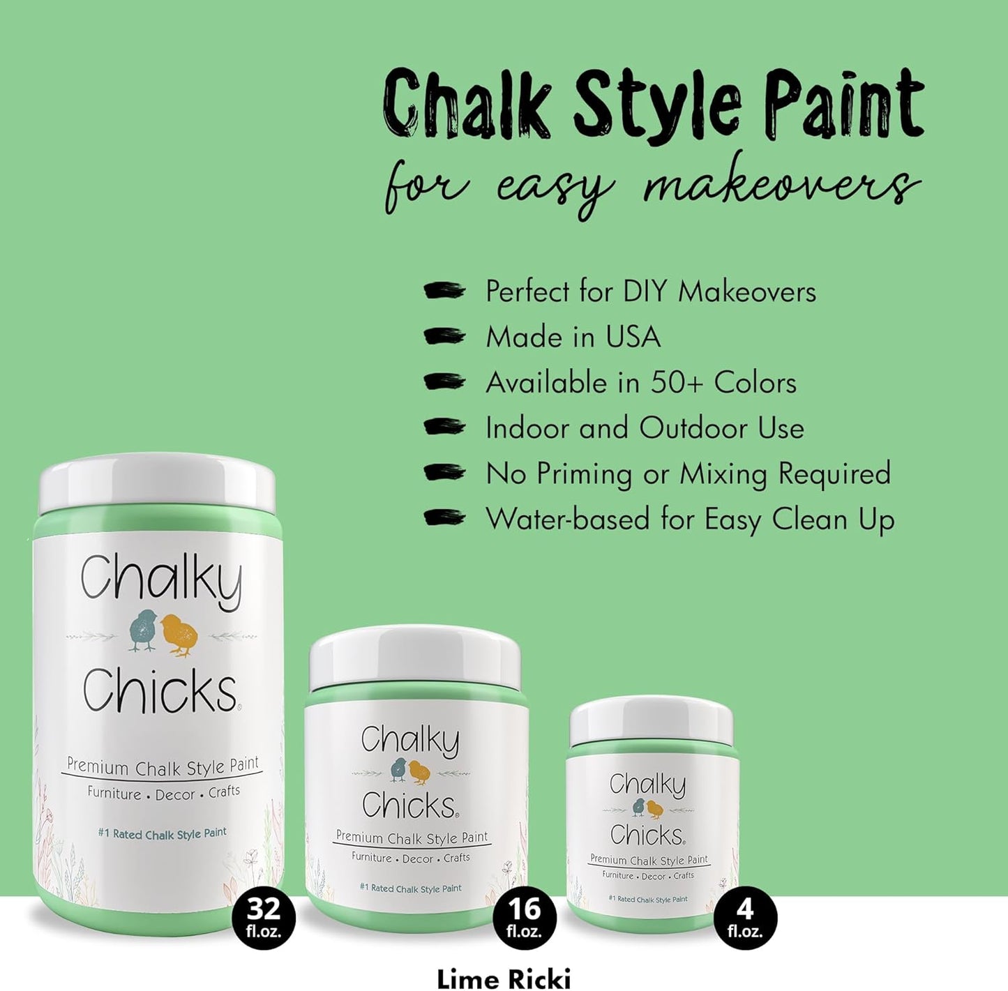 Chalky Chicks All-in-One Chalk Paint for Furniture or Cabinet - 32Fl Oz - Matte Finish Lime Ricki (Lime Green) for Metal, Wood Furniture Paint - No Sanding All-in-One for Home Decor & Crafts, USA Made