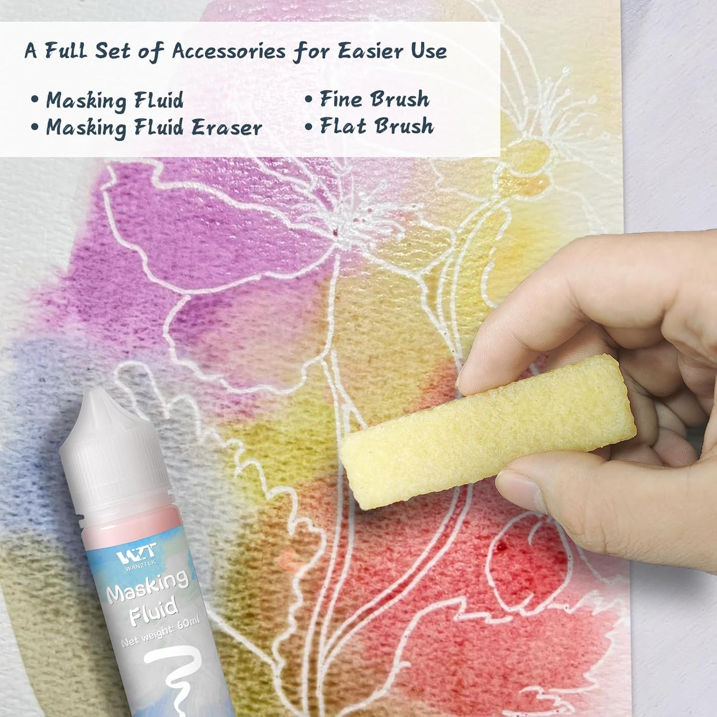 Masking Fluid for Watercolor Painting 60ml Red with a Paintbrush and Eraser - Art Masking Fluid Pen Watercolor Medium Art Supplies for Artists