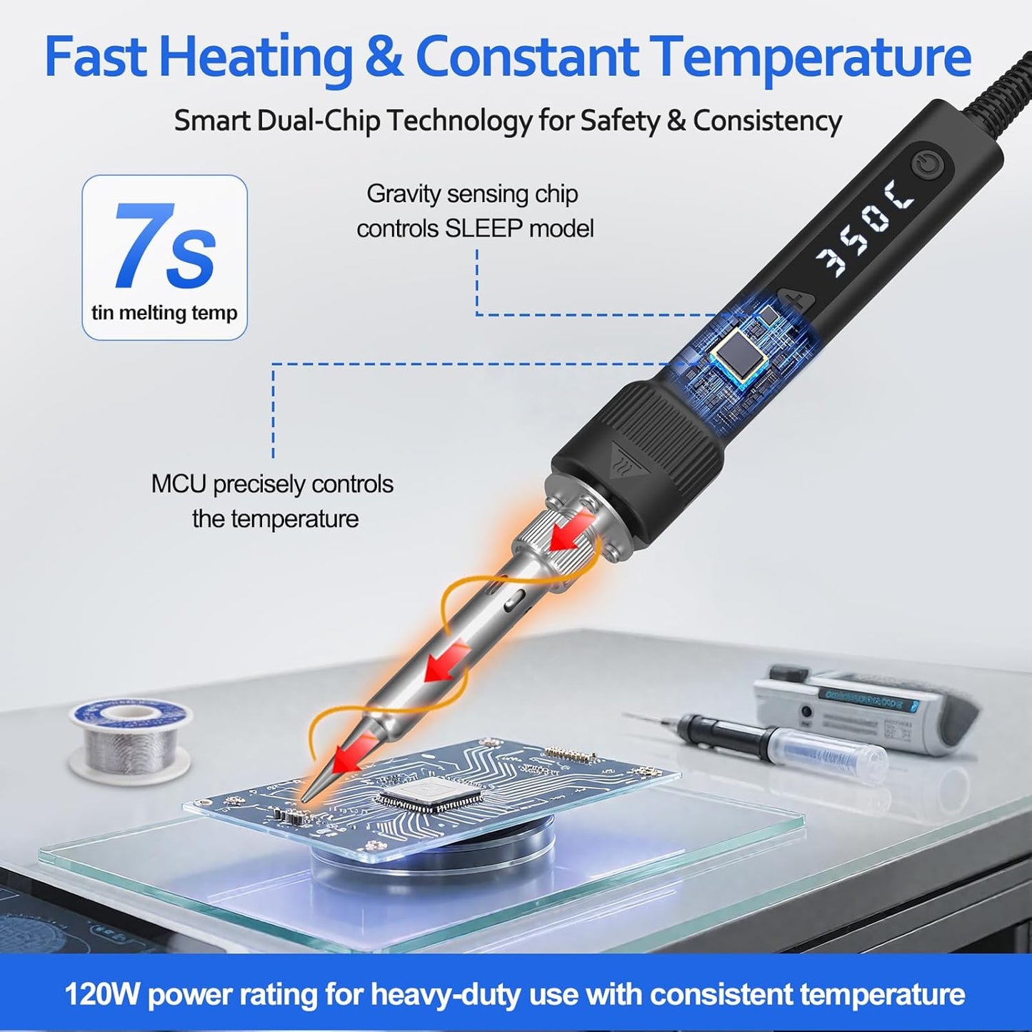 120W LED Soldering Iron Kit, 7s Fast Heating Adjustable Temp 356-968℉ Auto Sleep Precision Welding Gun Tools Electronics Repair with Solder Wire, 5 Soldering Tips, Desoldering Pump, Stand, Tweezers