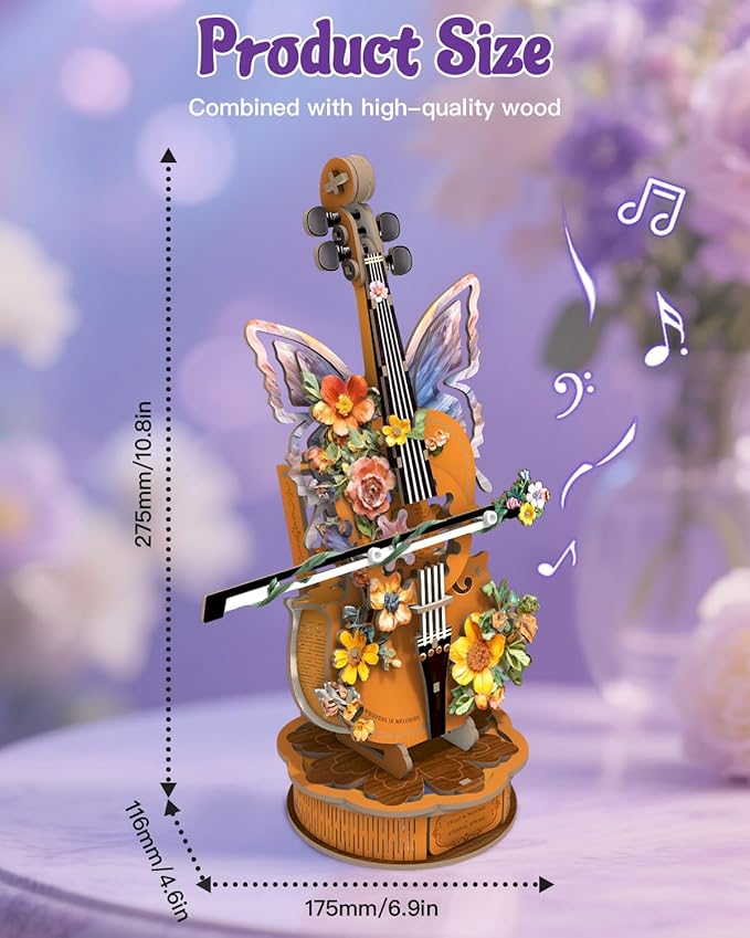 3D Wooden Puzzles for Adults, DIY Cello Model Kit with Base, 80pcs Wooden Music Box Desk Birthday Hobbies Craft for Women Men Home Decor