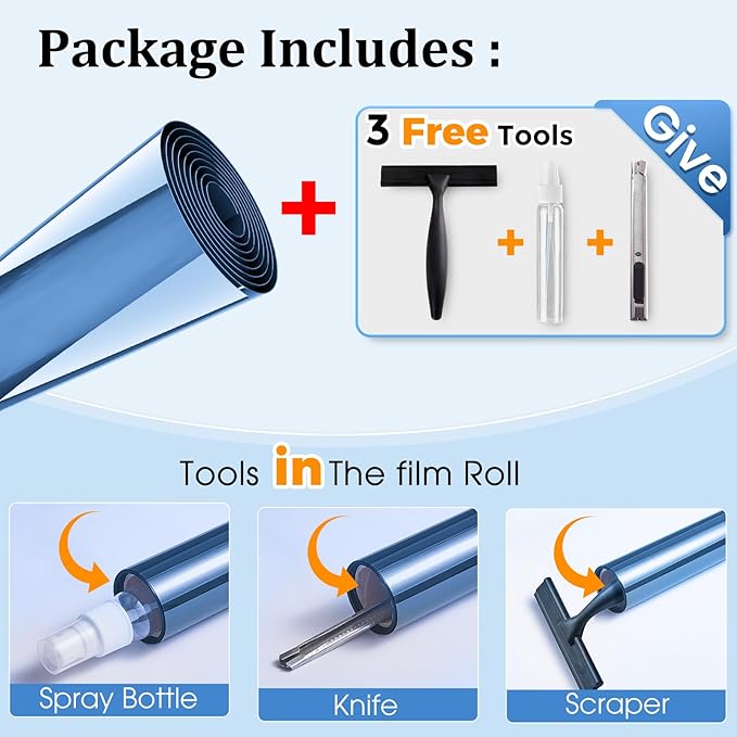 Coavas One Way Privacy Window Film,Daytime Window Tint for Home, Reflective Mirror Glass Window Film See Out Not in,Heat UV Blocking Anti-Glare Window Covers with 3 Tools, 23.6 x 157.5 Inch, Blue
