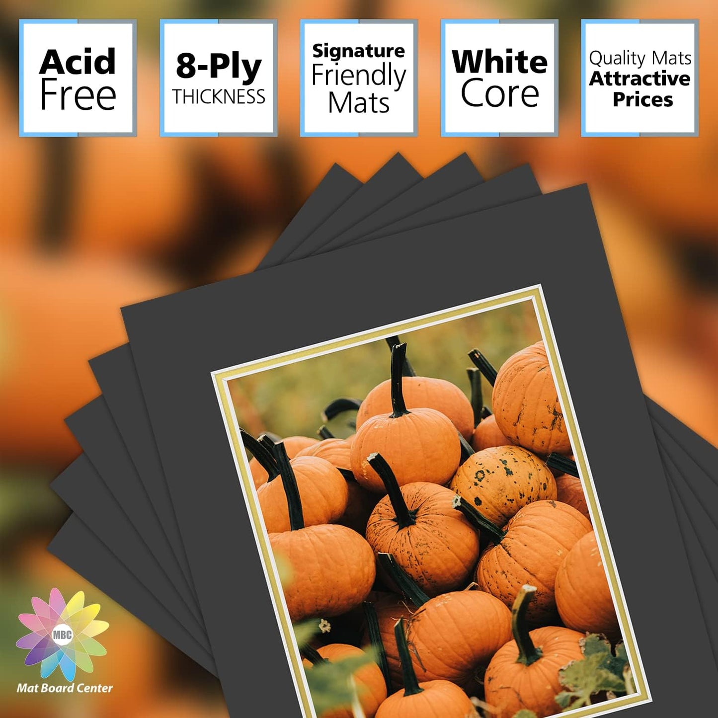 Mat Board Center, Double Mat - Acid Free, 8-ply Thickness, White Core - for Pictures, Photos, Framing (Black Over Gold, 16x20 for 11x14, Pack of 5)