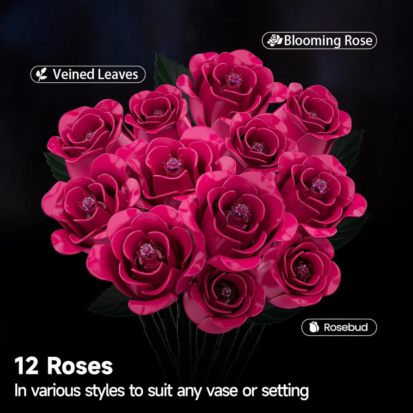 12 Everlasting Roses Bouquet Building Set, Gothic-Style Botanical Diary Series, Includes Heart-Shaped Gift Box Base, The Best Gifts for Your Wife and Family on Birthdays and Holidays (516 PCS)
