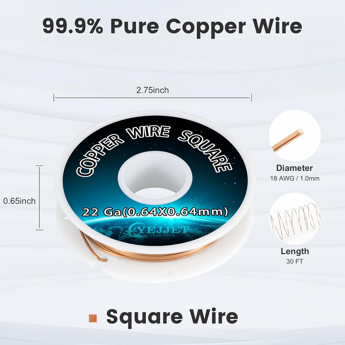 Copper Wire Square 22 Gauge - 0.64mm Dead Soft Jewelry Wire, 30 Feet - Pure Copper Craft Wire for Jewelry Making, Wrapping, Beading, DIY Projects